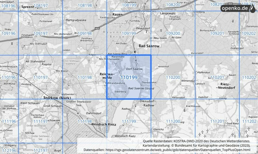 Übersichtskarte des KOSTRA-DWD-2020-Rasterfeldes Nr. 110199