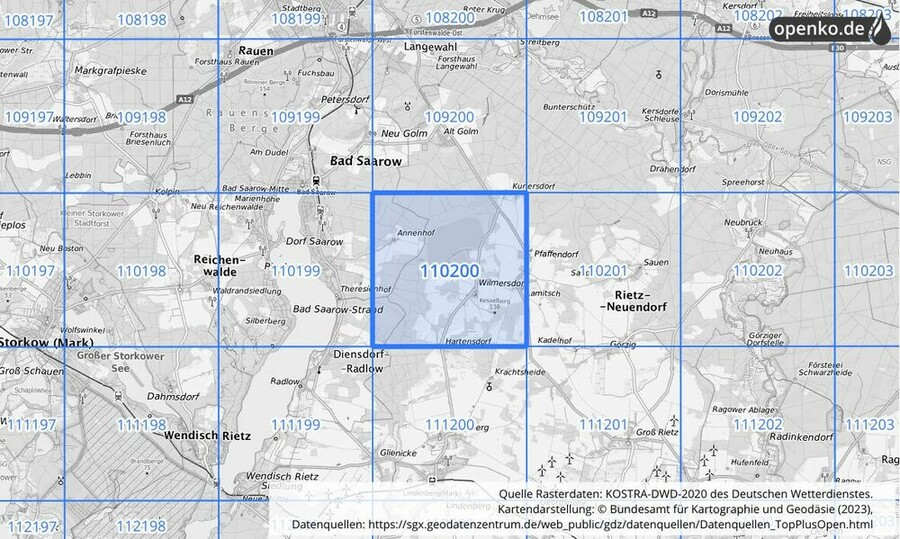 Übersichtskarte des KOSTRA-DWD-2020-Rasterfeldes Nr. 110200