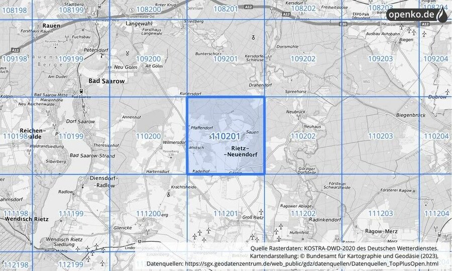 Übersichtskarte des KOSTRA-DWD-2020-Rasterfeldes Nr. 110201