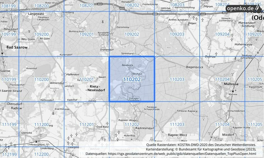 Übersichtskarte des KOSTRA-DWD-2020-Rasterfeldes Nr. 110202