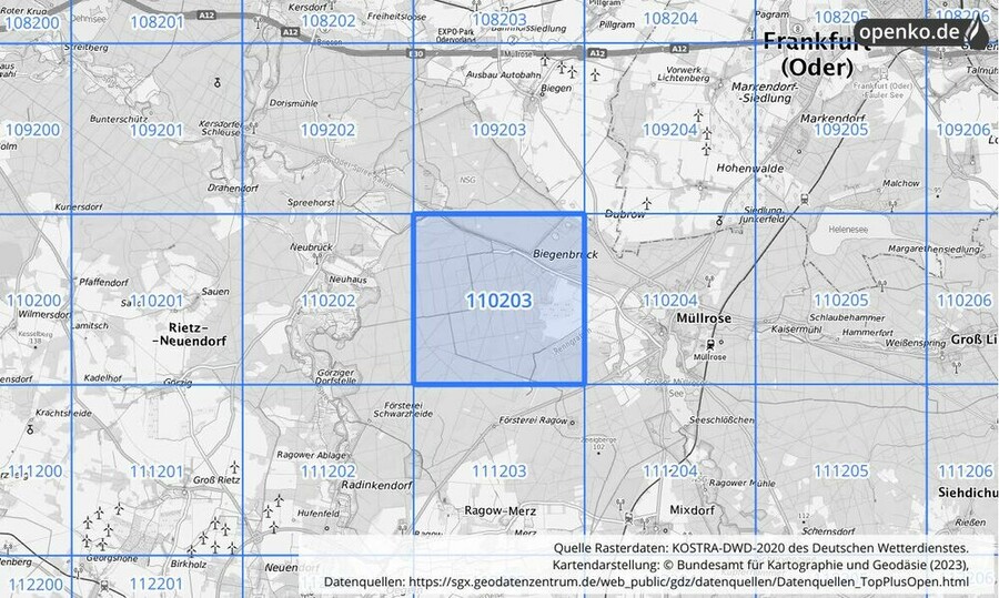 Übersichtskarte des KOSTRA-DWD-2020-Rasterfeldes Nr. 110203