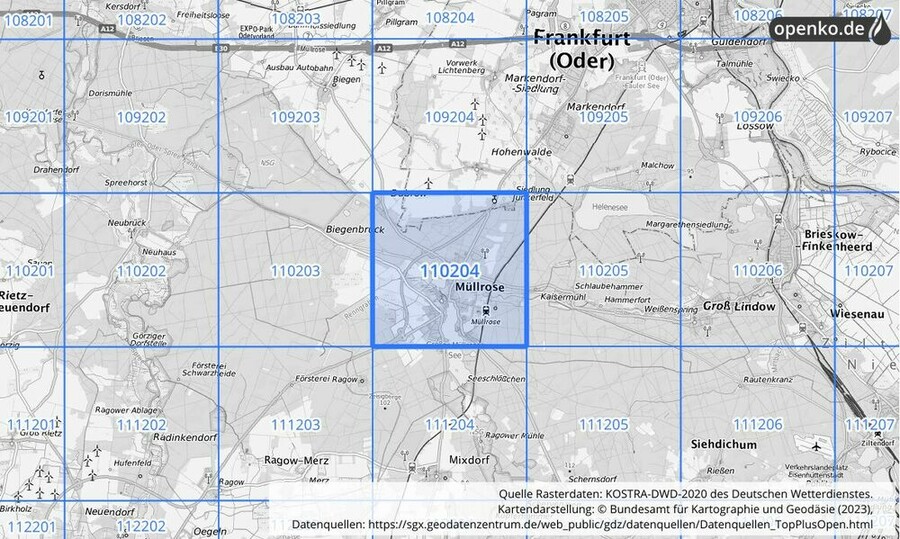 Übersichtskarte des KOSTRA-DWD-2020-Rasterfeldes Nr. 110204