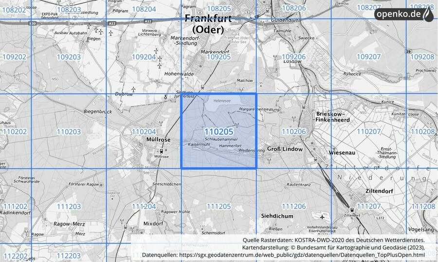 Übersichtskarte des KOSTRA-DWD-2020-Rasterfeldes Nr. 110205