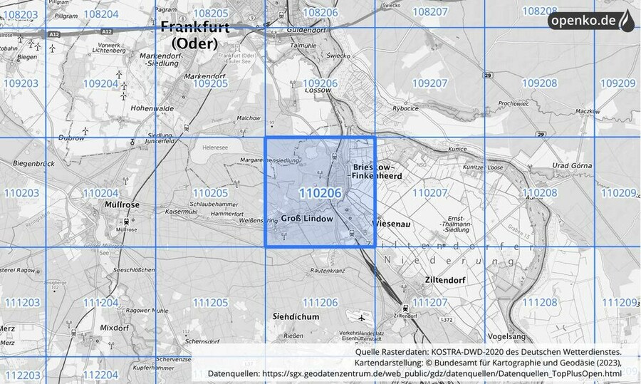 Übersichtskarte des KOSTRA-DWD-2020-Rasterfeldes Nr. 110206