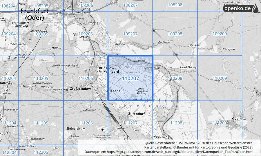 Übersichtskarte des KOSTRA-DWD-2020-Rasterfeldes Nr. 110207