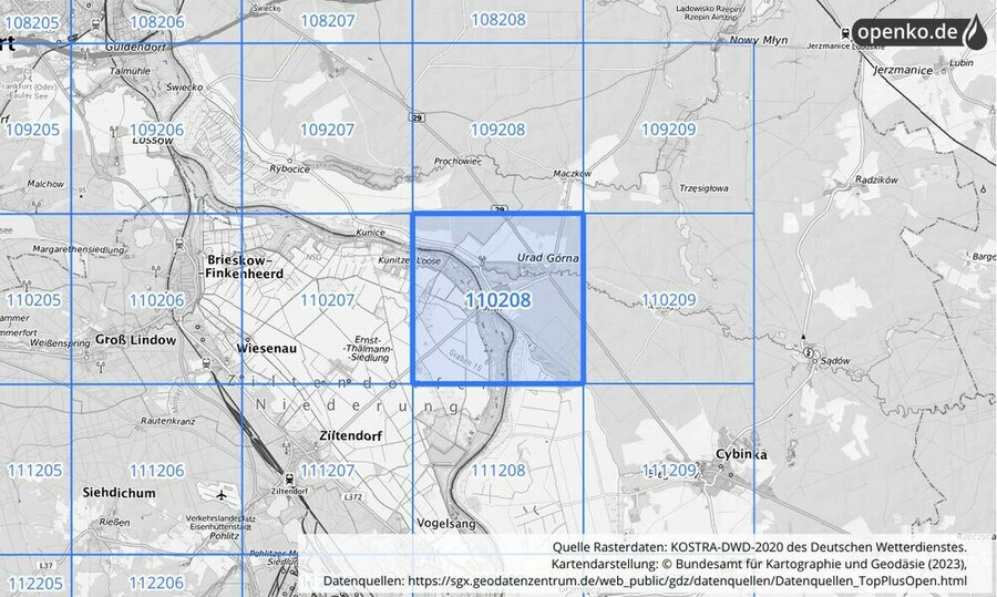 Übersichtskarte des KOSTRA-DWD-2020-Rasterfeldes Nr. 110208