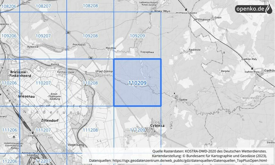 Übersichtskarte des KOSTRA-DWD-2020-Rasterfeldes Nr. 110209