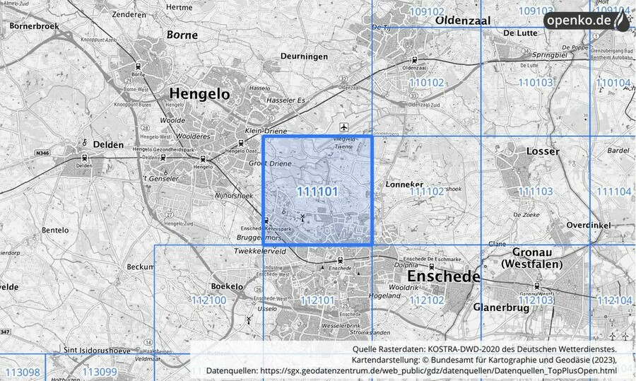 Übersichtskarte des KOSTRA-DWD-2020-Rasterfeldes Nr. 111101