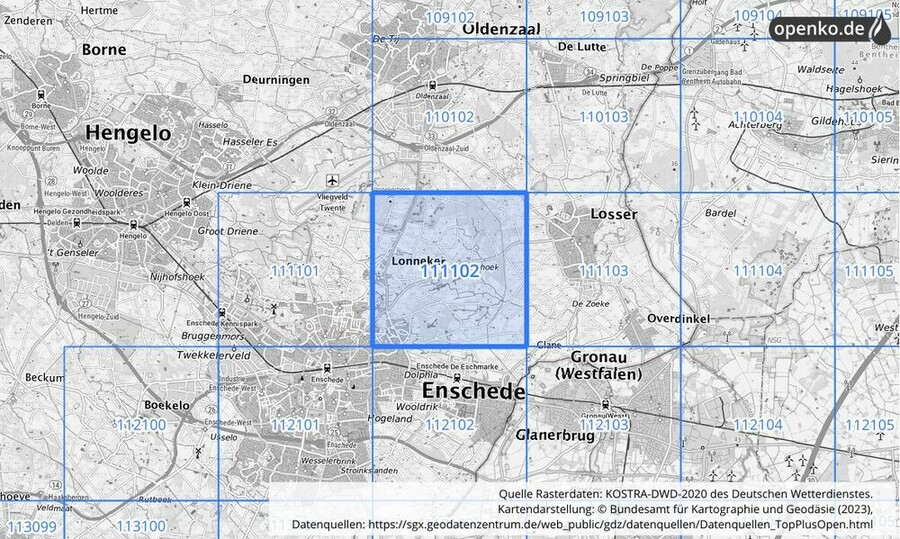 Übersichtskarte des KOSTRA-DWD-2020-Rasterfeldes Nr. 111102