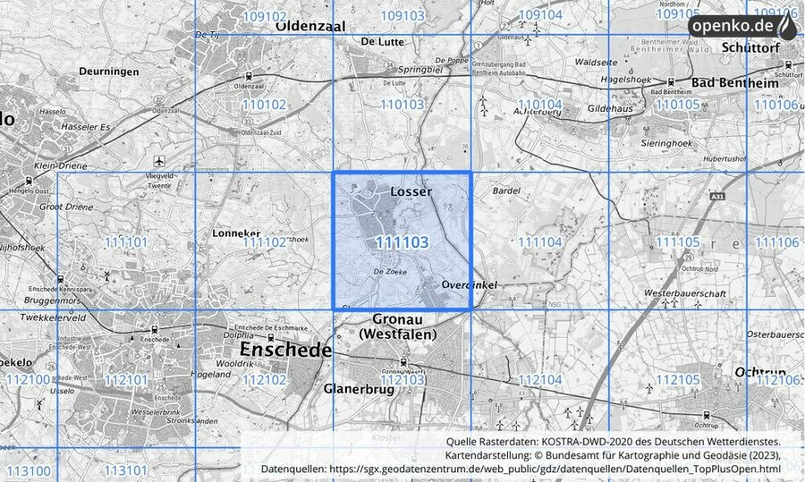 Übersichtskarte des KOSTRA-DWD-2020-Rasterfeldes Nr. 111103