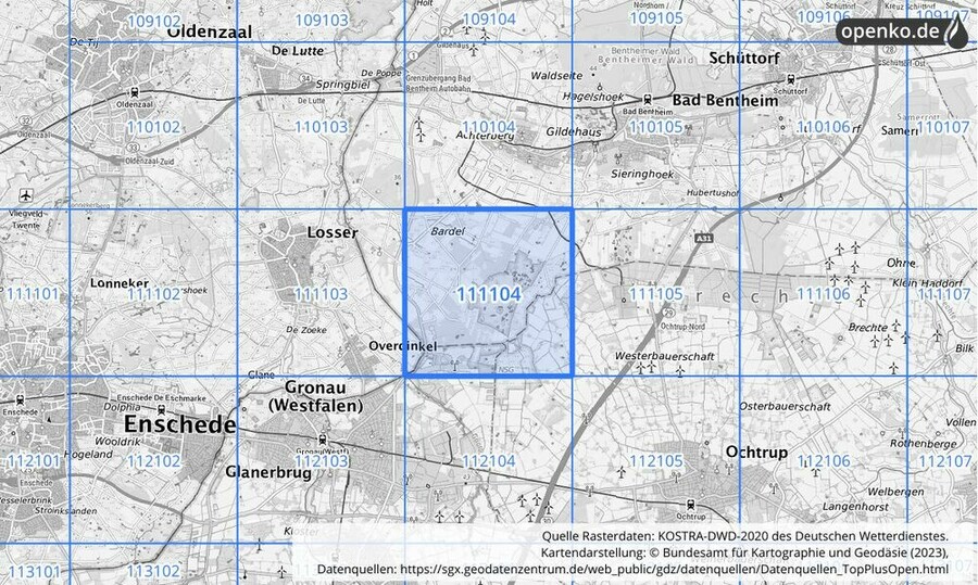 Übersichtskarte des KOSTRA-DWD-2020-Rasterfeldes Nr. 111104