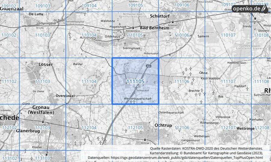 Übersichtskarte des KOSTRA-DWD-2020-Rasterfeldes Nr. 111105