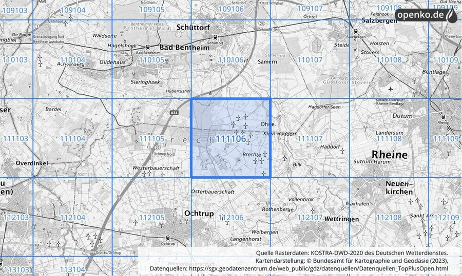 Übersichtskarte des KOSTRA-DWD-2020-Rasterfeldes Nr. 111106