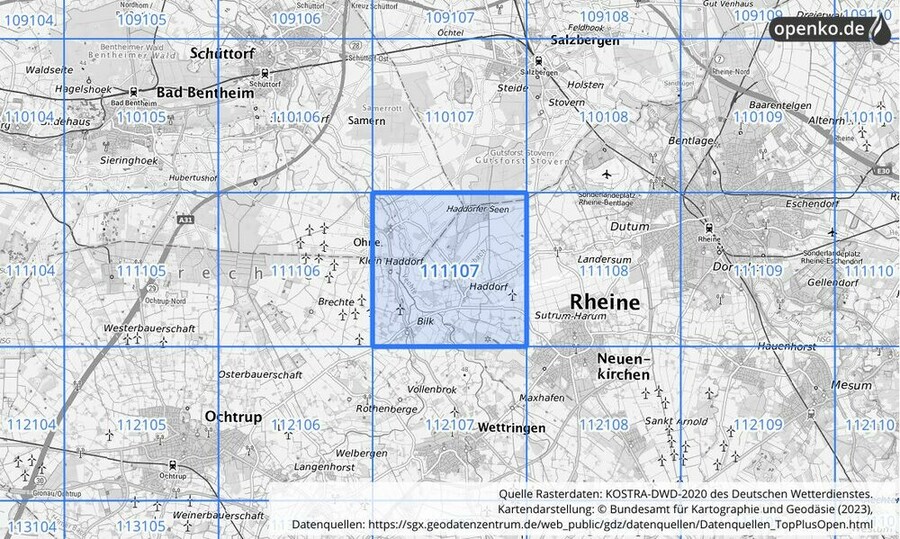 Übersichtskarte des KOSTRA-DWD-2020-Rasterfeldes Nr. 111107