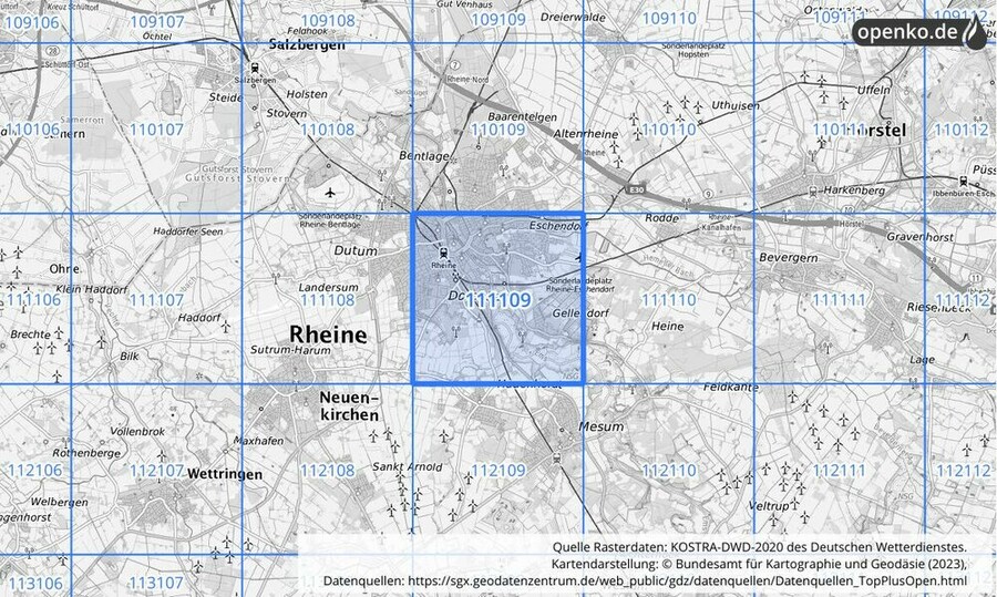 Übersichtskarte des KOSTRA-DWD-2020-Rasterfeldes Nr. 111109