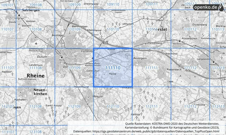 Übersichtskarte des KOSTRA-DWD-2020-Rasterfeldes Nr. 111110