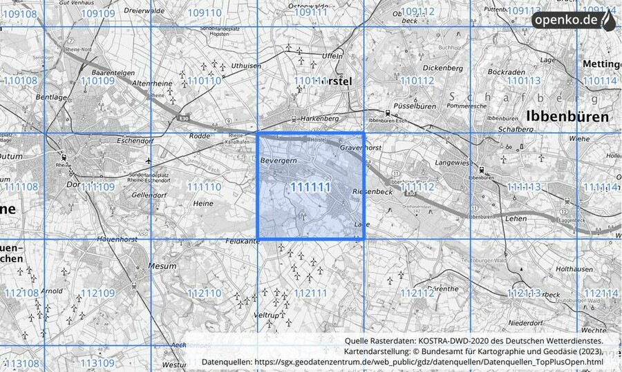 Übersichtskarte des KOSTRA-DWD-2020-Rasterfeldes Nr. 111111