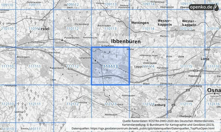 Übersichtskarte des KOSTRA-DWD-2020-Rasterfeldes Nr. 111113