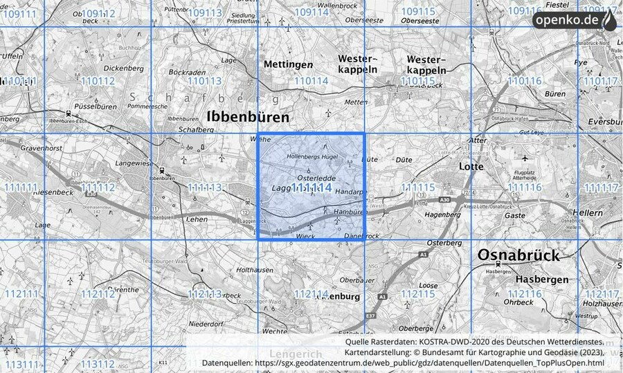 Übersichtskarte des KOSTRA-DWD-2020-Rasterfeldes Nr. 111114