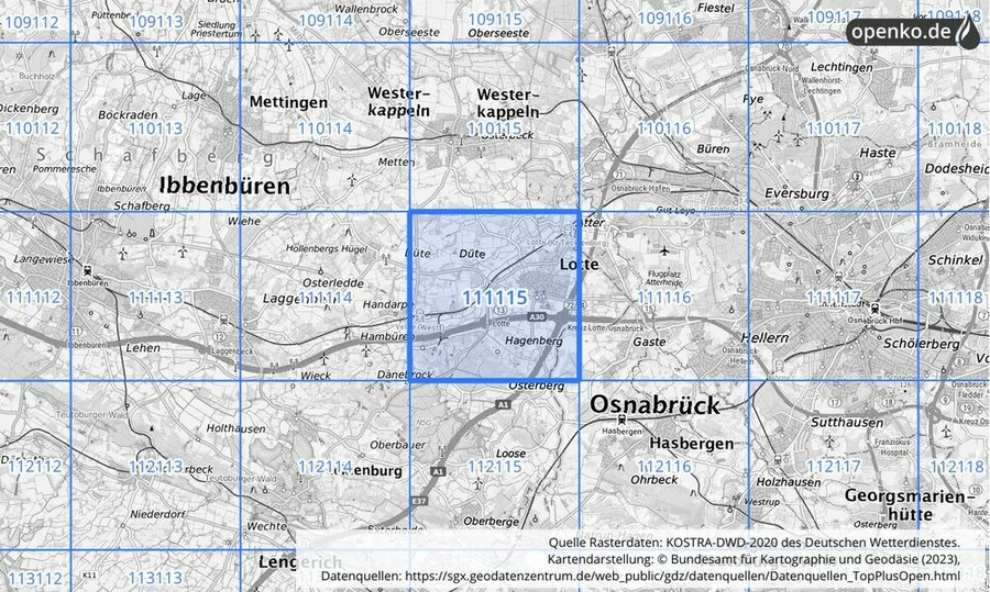 Übersichtskarte des KOSTRA-DWD-2020-Rasterfeldes Nr. 111115