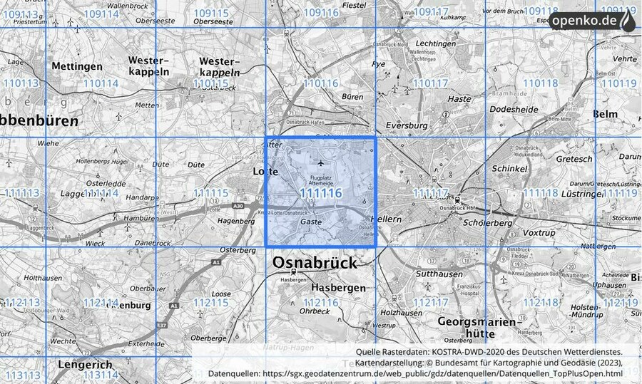 Übersichtskarte des KOSTRA-DWD-2020-Rasterfeldes Nr. 111116