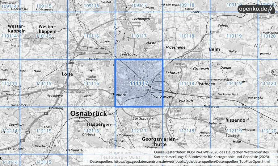 Übersichtskarte des KOSTRA-DWD-2020-Rasterfeldes Nr. 111117