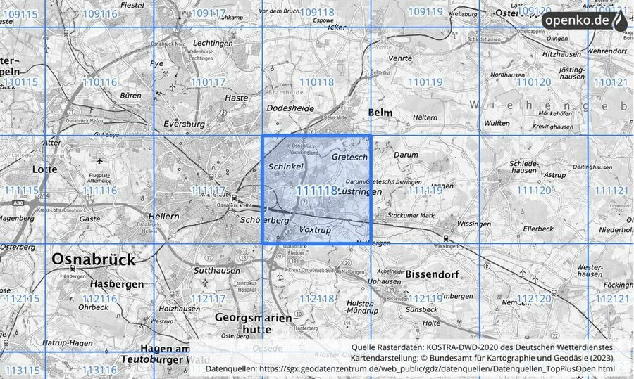 Übersichtskarte des KOSTRA-DWD-2020-Rasterfeldes Nr. 111118