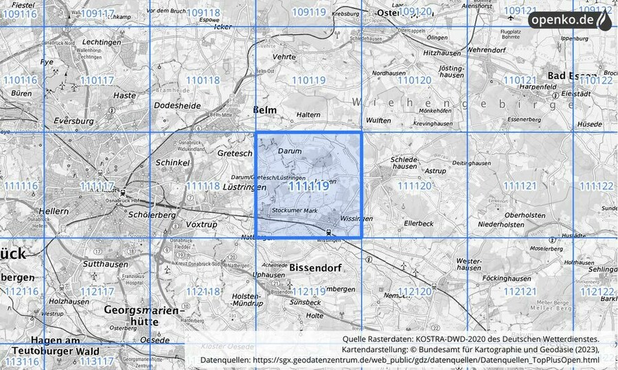 Übersichtskarte des KOSTRA-DWD-2020-Rasterfeldes Nr. 111119