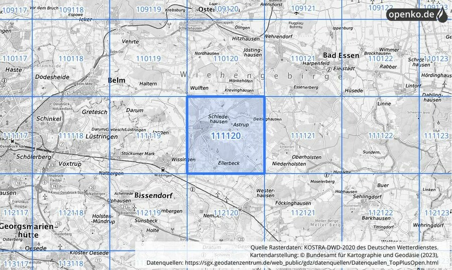 Übersichtskarte des KOSTRA-DWD-2020-Rasterfeldes Nr. 111120