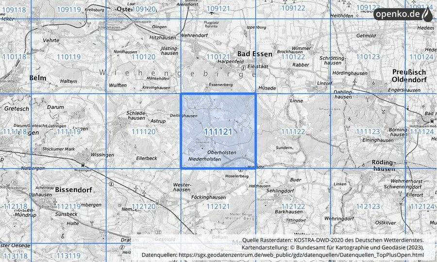 Übersichtskarte des KOSTRA-DWD-2020-Rasterfeldes Nr. 111121