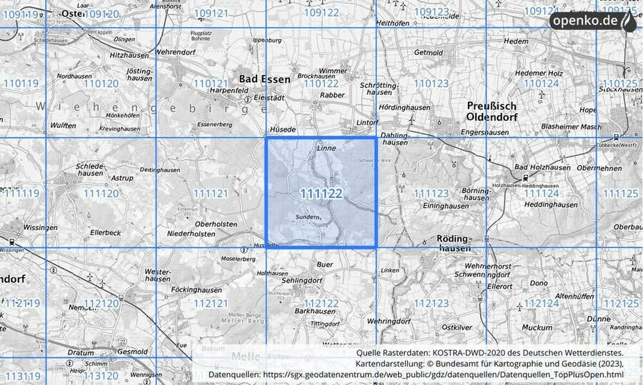 Übersichtskarte des KOSTRA-DWD-2020-Rasterfeldes Nr. 111122