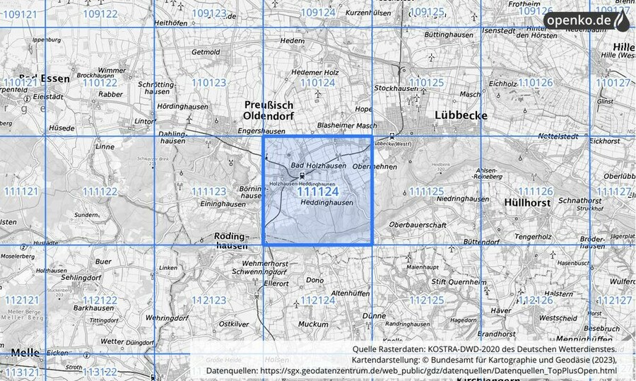Übersichtskarte des KOSTRA-DWD-2020-Rasterfeldes Nr. 111124