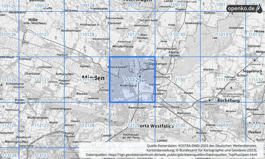 Übersichtskarte des KOSTRA-DWD-2020-Rasterfeldes Nr. 111129