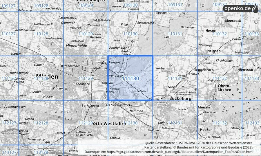 Übersichtskarte des KOSTRA-DWD-2020-Rasterfeldes Nr. 111130
