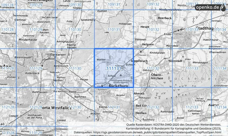 Übersichtskarte des KOSTRA-DWD-2020-Rasterfeldes Nr. 111131