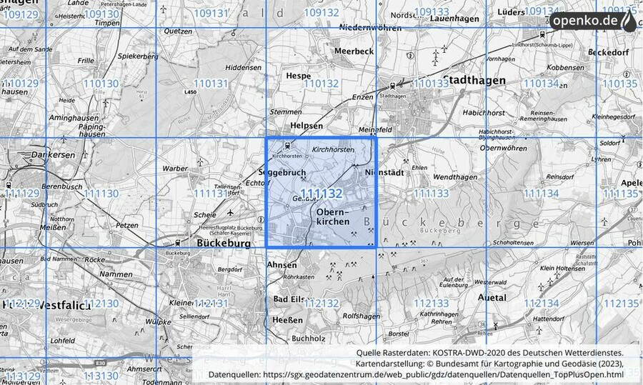 Übersichtskarte des KOSTRA-DWD-2020-Rasterfeldes Nr. 111132