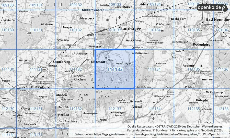 Übersichtskarte des KOSTRA-DWD-2020-Rasterfeldes Nr. 111133