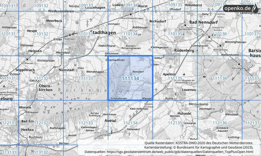 Übersichtskarte des KOSTRA-DWD-2020-Rasterfeldes Nr. 111134