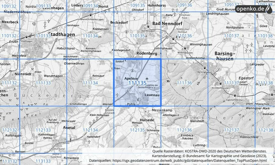 Übersichtskarte des KOSTRA-DWD-2020-Rasterfeldes Nr. 111135