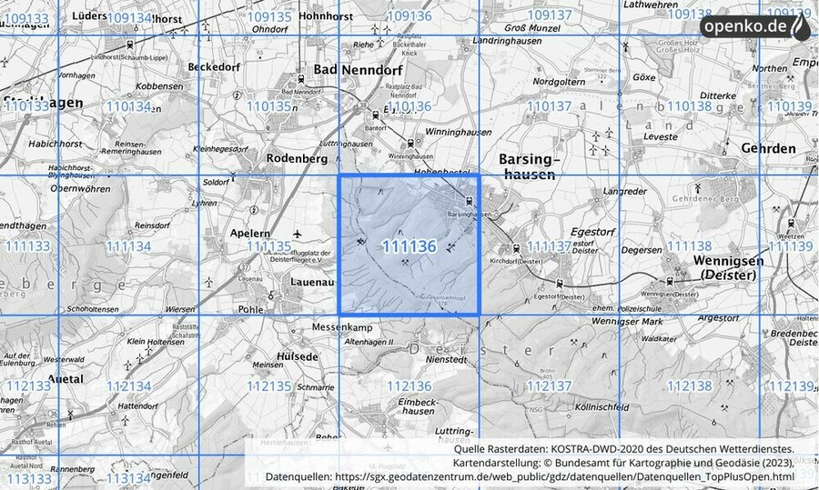 Übersichtskarte des KOSTRA-DWD-2020-Rasterfeldes Nr. 111136