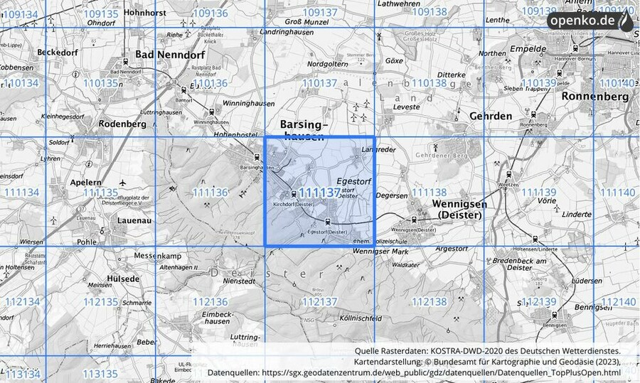 Übersichtskarte des KOSTRA-DWD-2020-Rasterfeldes Nr. 111137