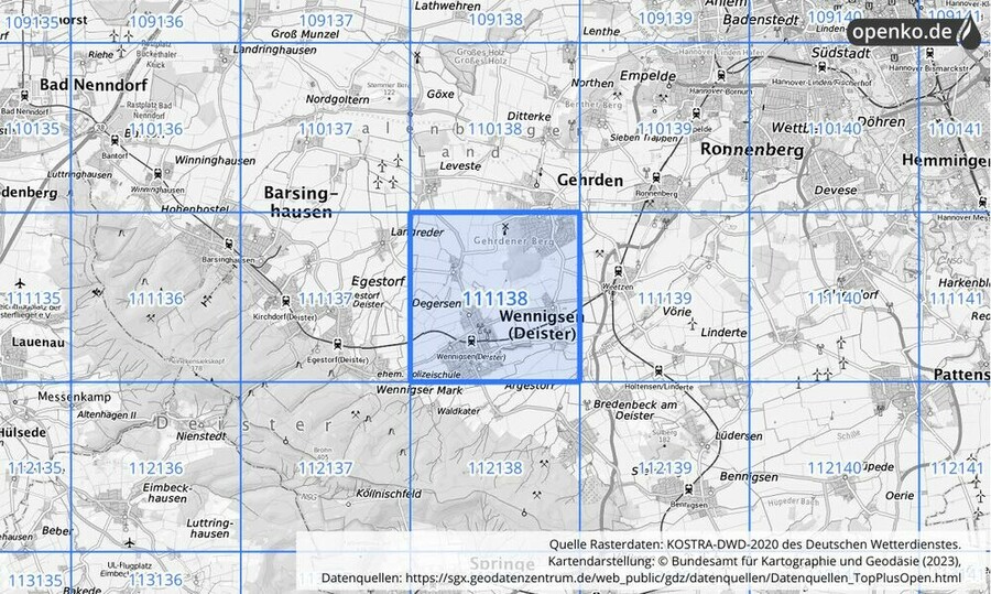 Übersichtskarte des KOSTRA-DWD-2020-Rasterfeldes Nr. 111138