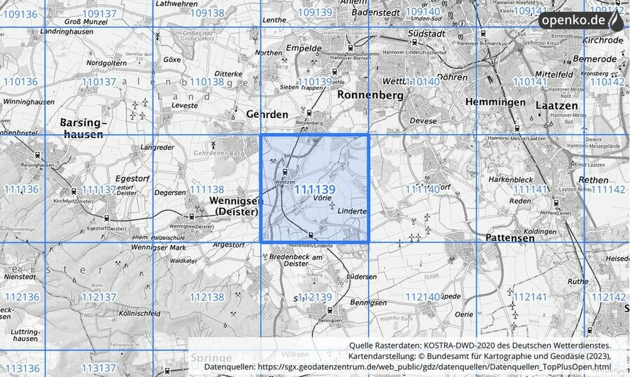 Übersichtskarte des KOSTRA-DWD-2020-Rasterfeldes Nr. 111139