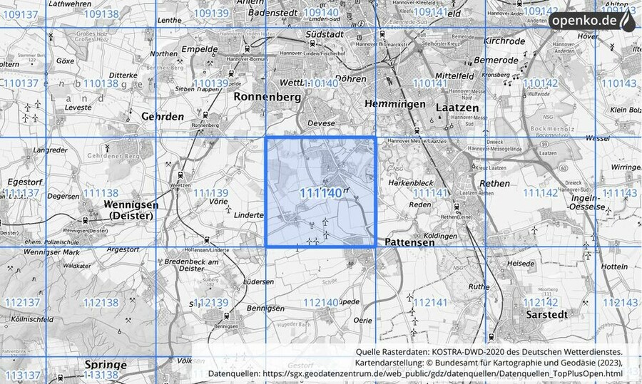 Übersichtskarte des KOSTRA-DWD-2020-Rasterfeldes Nr. 111140