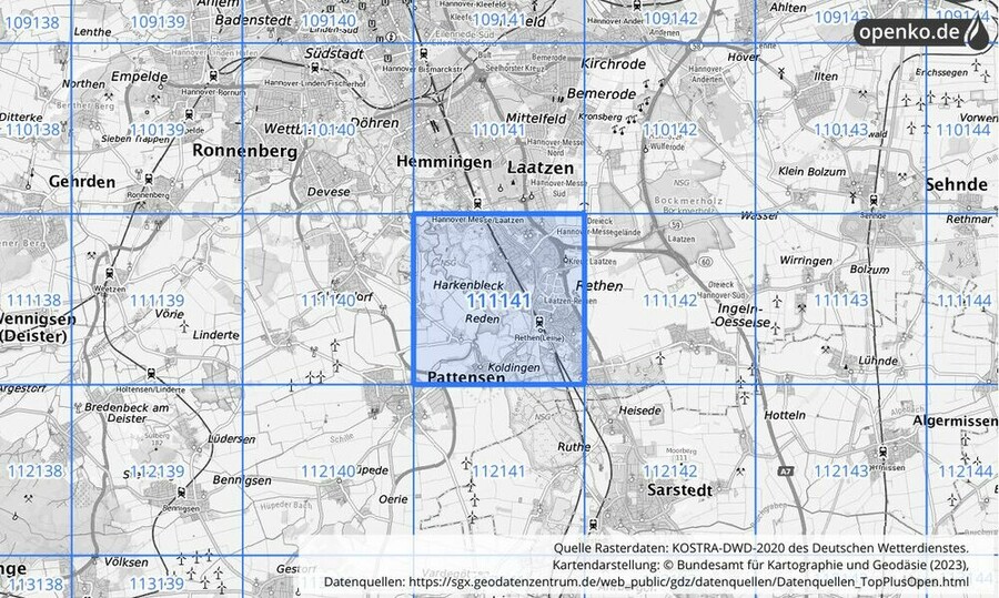 Übersichtskarte des KOSTRA-DWD-2020-Rasterfeldes Nr. 111141