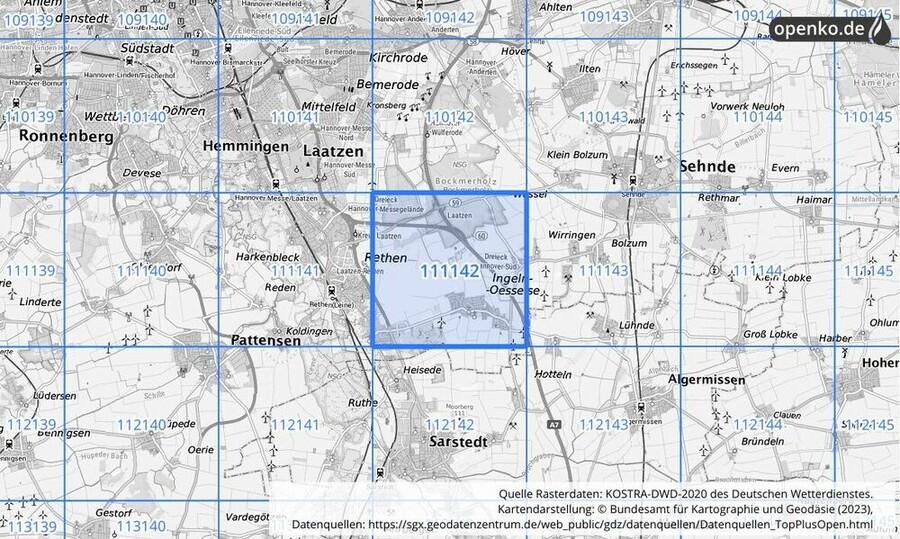 Übersichtskarte des KOSTRA-DWD-2020-Rasterfeldes Nr. 111142