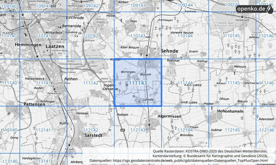 Übersichtskarte des KOSTRA-DWD-2020-Rasterfeldes Nr. 111143