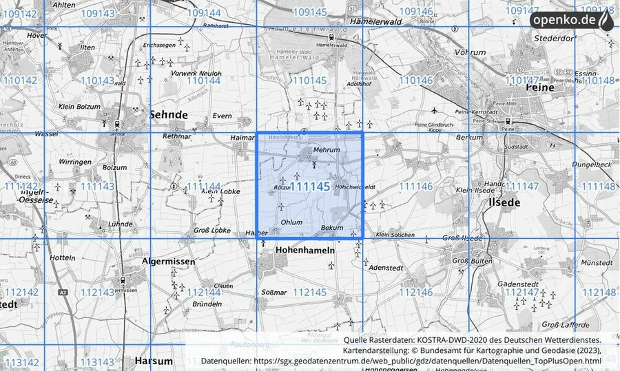 Übersichtskarte des KOSTRA-DWD-2020-Rasterfeldes Nr. 111145
