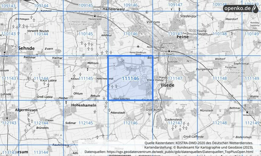 Übersichtskarte des KOSTRA-DWD-2020-Rasterfeldes Nr. 111146