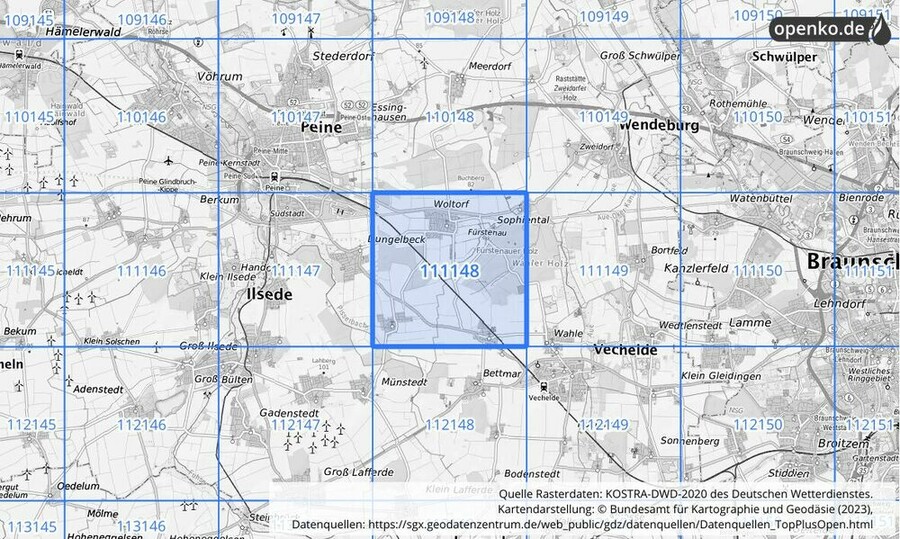 Übersichtskarte des KOSTRA-DWD-2020-Rasterfeldes Nr. 111148